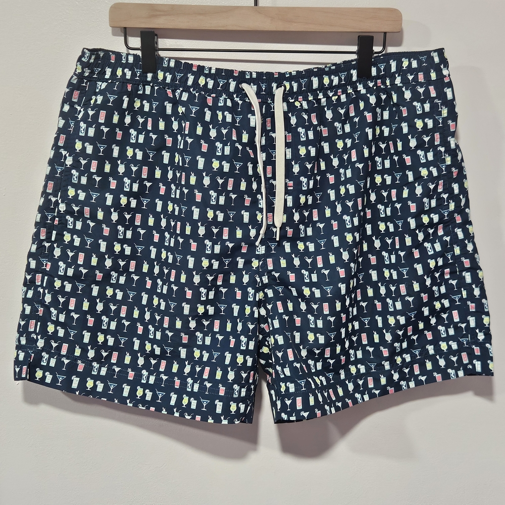 Southern Proper Fun Navy Cocktail Pattern Swim Trunks Mens Size Large